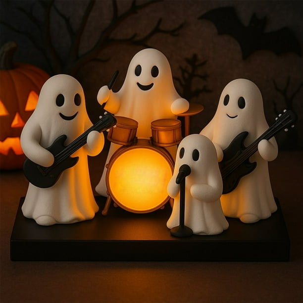 Decoración de Halloween de la banda de Ghost Rock | Figuritas de mesa de resina iluminadas por LED | Espectáculo musical espeluznante con tambor brillante, luces naranjas cálidas | Base estable