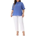 thumbnail image 2 of Agnes Orinda Women's Plus Size St. Patrick's Day Blouse Work Office Pleated Solid Short Sleeve Mock Neck Puff Sleeve Tops 2X Blue, 2 of 6