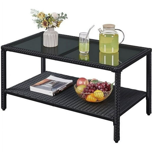 REKHH Outdoor Wicker Coffee Side Table, All-Weather Rattan Patio Storage Furniture with Tempered Glass Top for Garden, Black