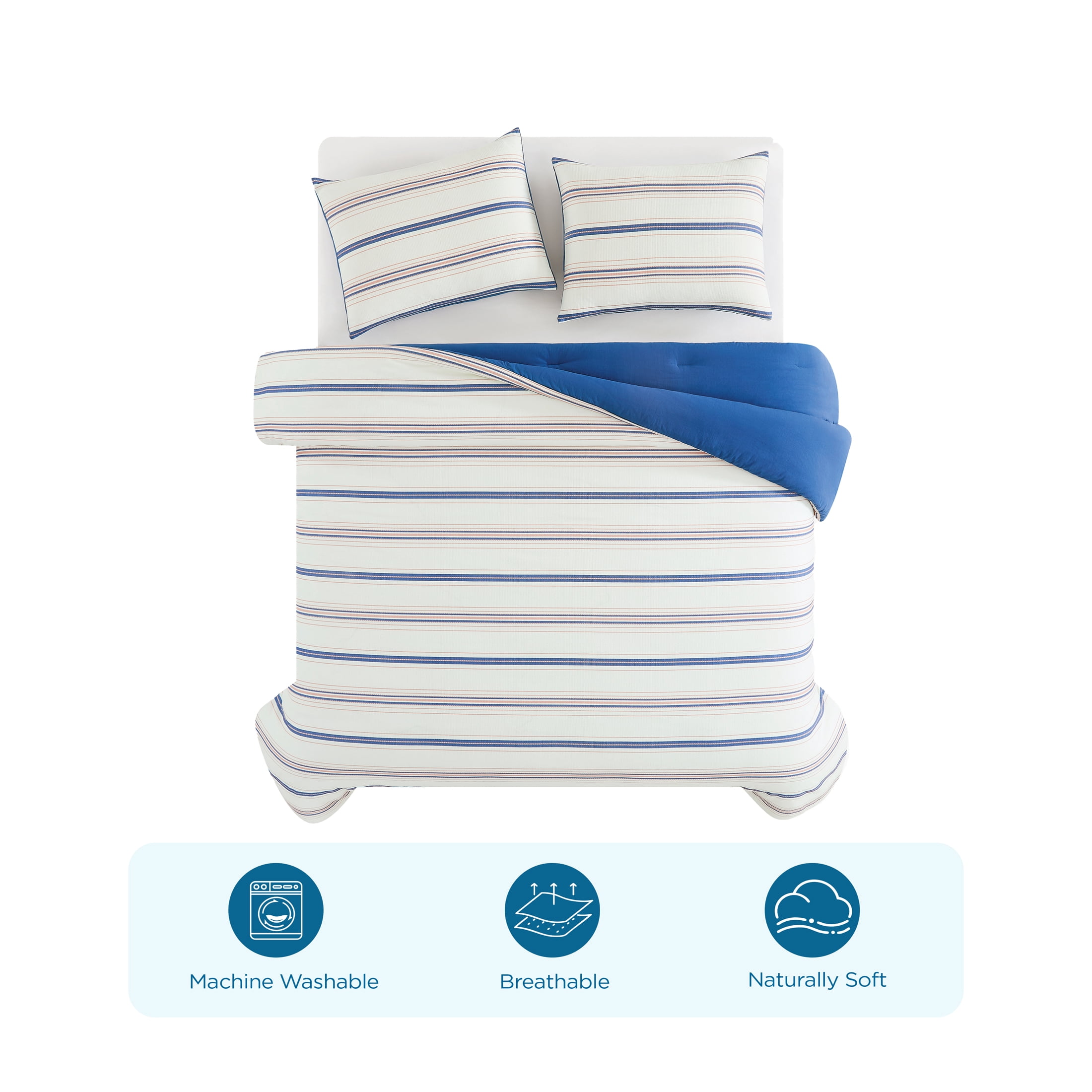 Coastal Living 3-Piece Lightweight 100% Cotton Stripes Comforter Set, Full/Queen
