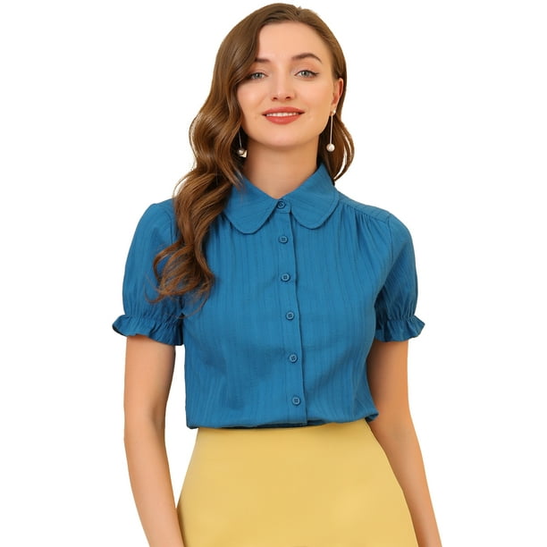 Blusa de algodón con volantes y cuello vuelto Allegra K para mujer Azul verde XL