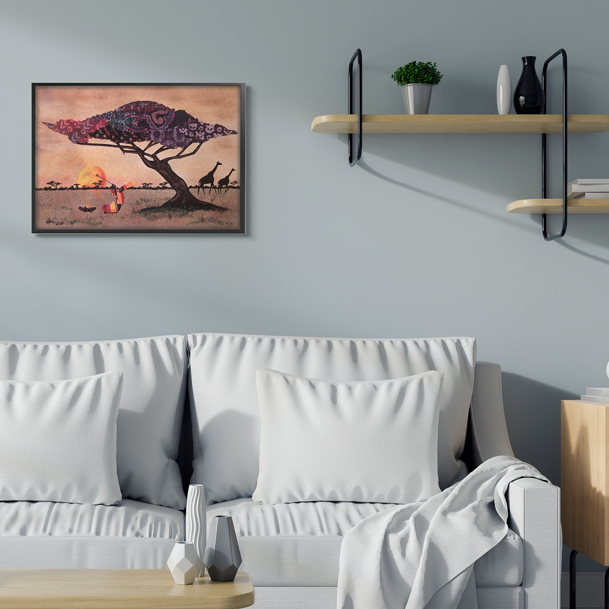 Stupell Industries African Sunrise Safari Landscape Man Playing Trumpet Novelty Painting Black Framed Art Print Wall Art, 24 x 30