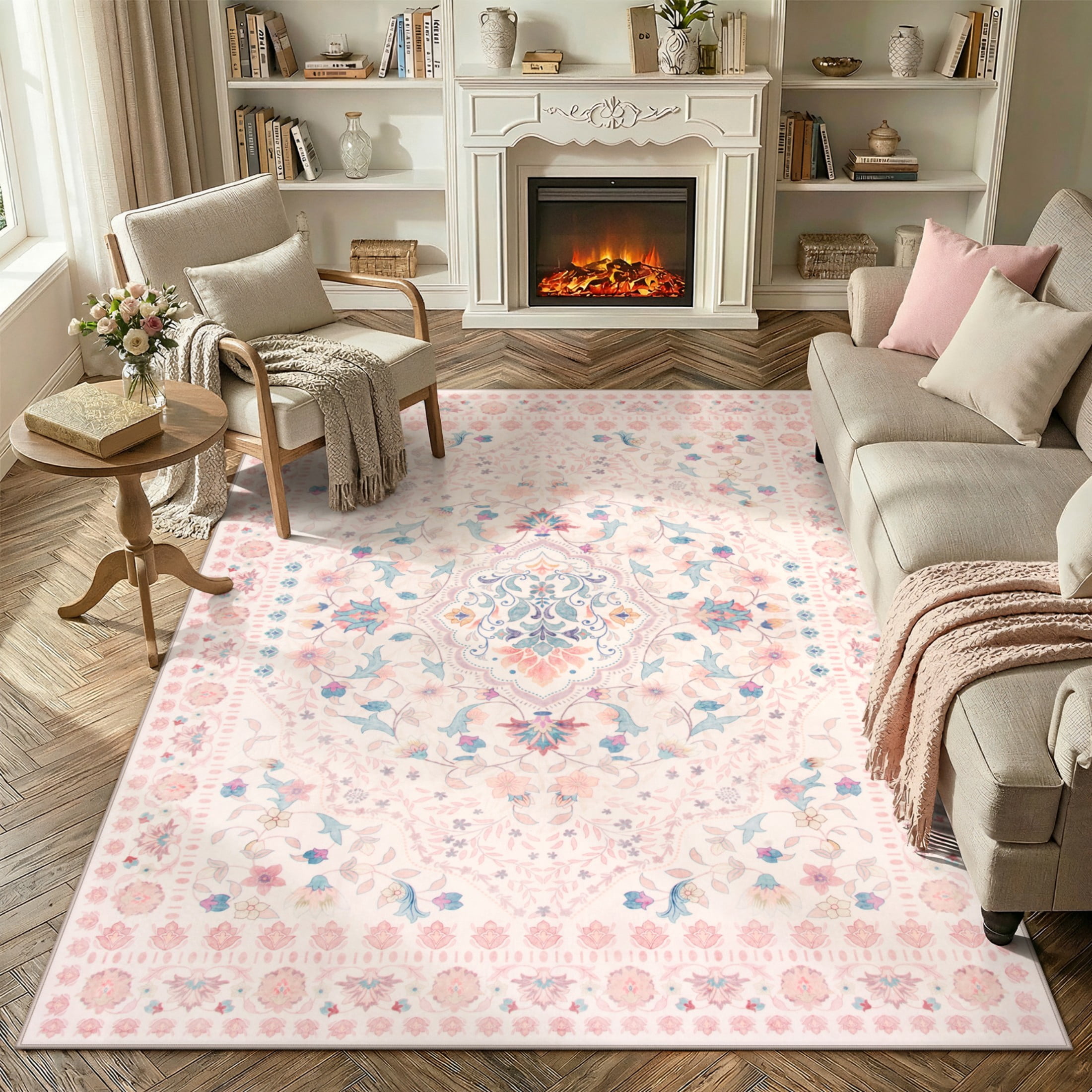 Wonnitar 8'x 10' Floral Area Rug - Machine Washable Non-Slip Boho Rug for Living Room, Soft Low Pile Carpet for Bedroom, Dining Room, Nursery