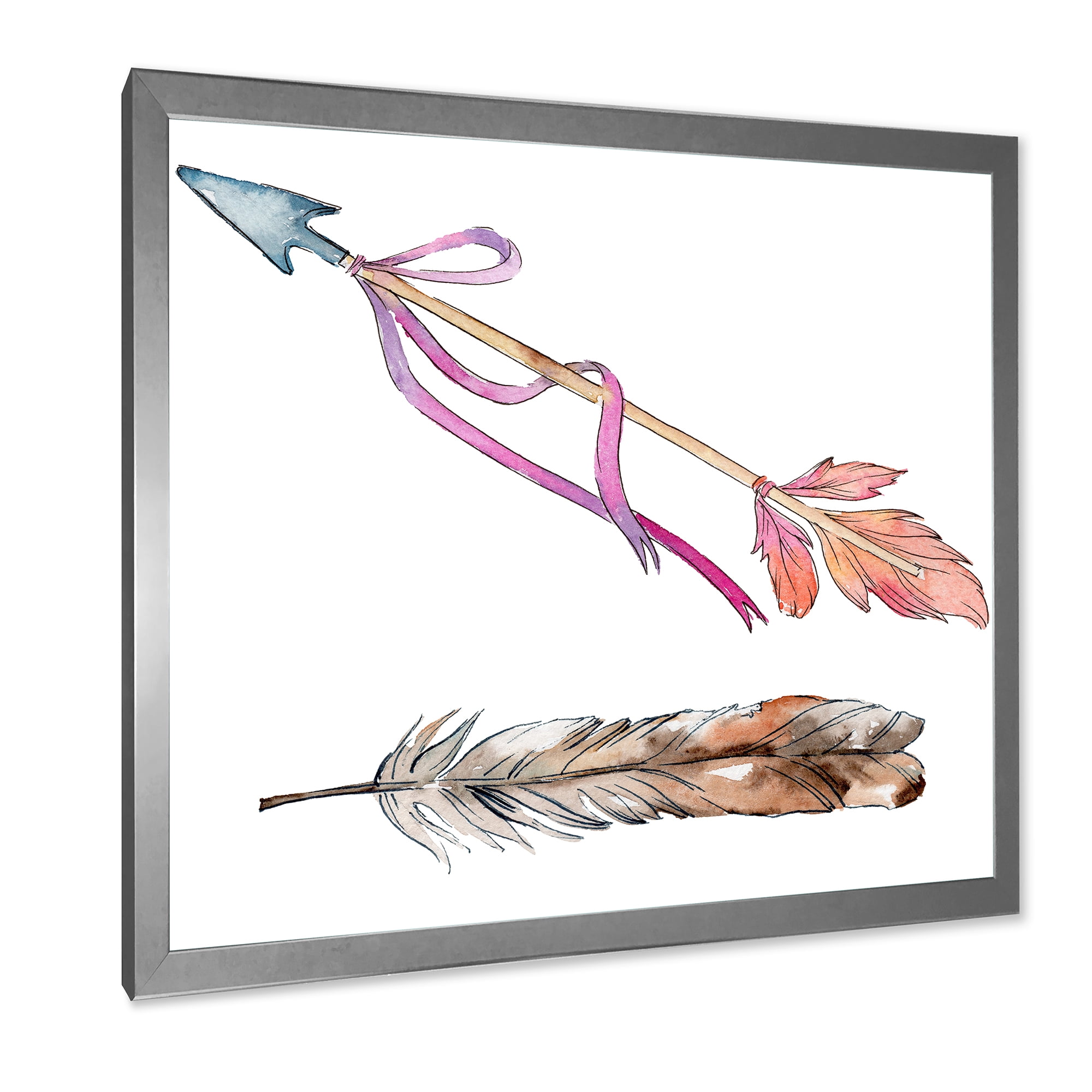 Designart 'Pink Bird Feather From Wing on Arrow' Bohemian & Eclectic Framed Art Print