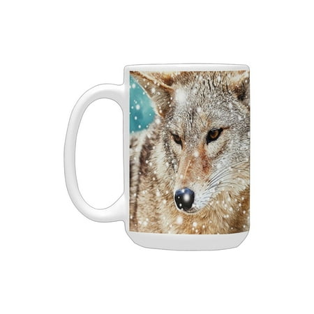 

Animal Two Coyote Wolf Partners under Snowy Winter Day Wild Creatures Mammal Picture Sand Brown Teal Ceramic Mug (15 OZ) (Made In USA)