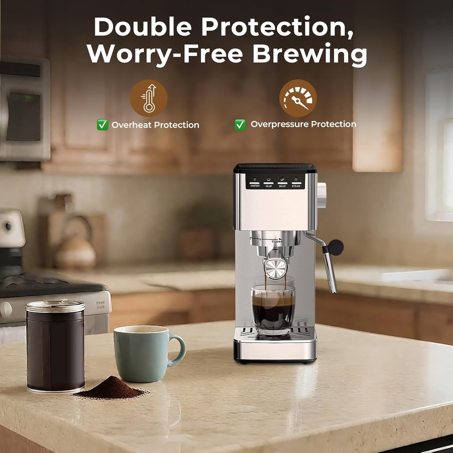 Moifoi Espresso Machine, 20 Bar Compact Espresso Maker with Steam Milk Frother, Stainless Steel Coffee Machine with 42.5oz Removable Water Tank & Mechanical Button for Latte