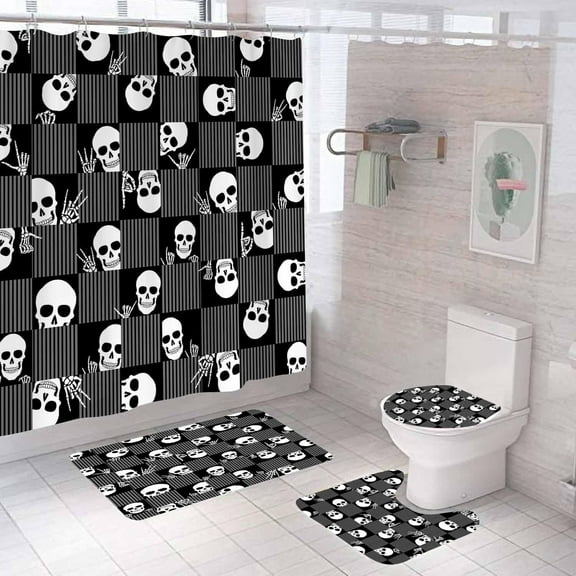 4PCS Skull Couple Shower Curtain Sets With Rugs, Waterproof Fabric Black Shower Curtain, Goth Scary Spooky Skeleton Lovers Red Rose Green Leaf Floral Inspirational Quotes Gothic Bathroom Decor