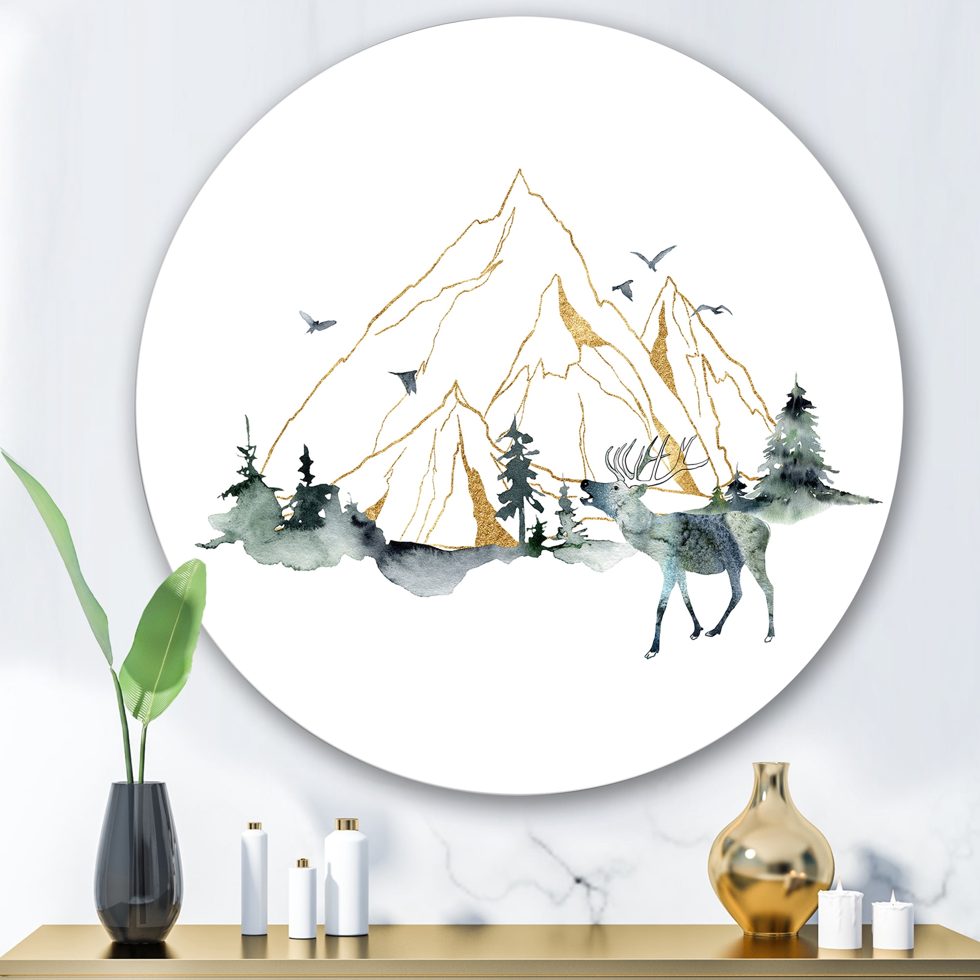 Designart 'Minimalistic Landscape of Forest Deer and Mountains' Modern Circle Metal Wall Art 29x29 - Disc of 29
