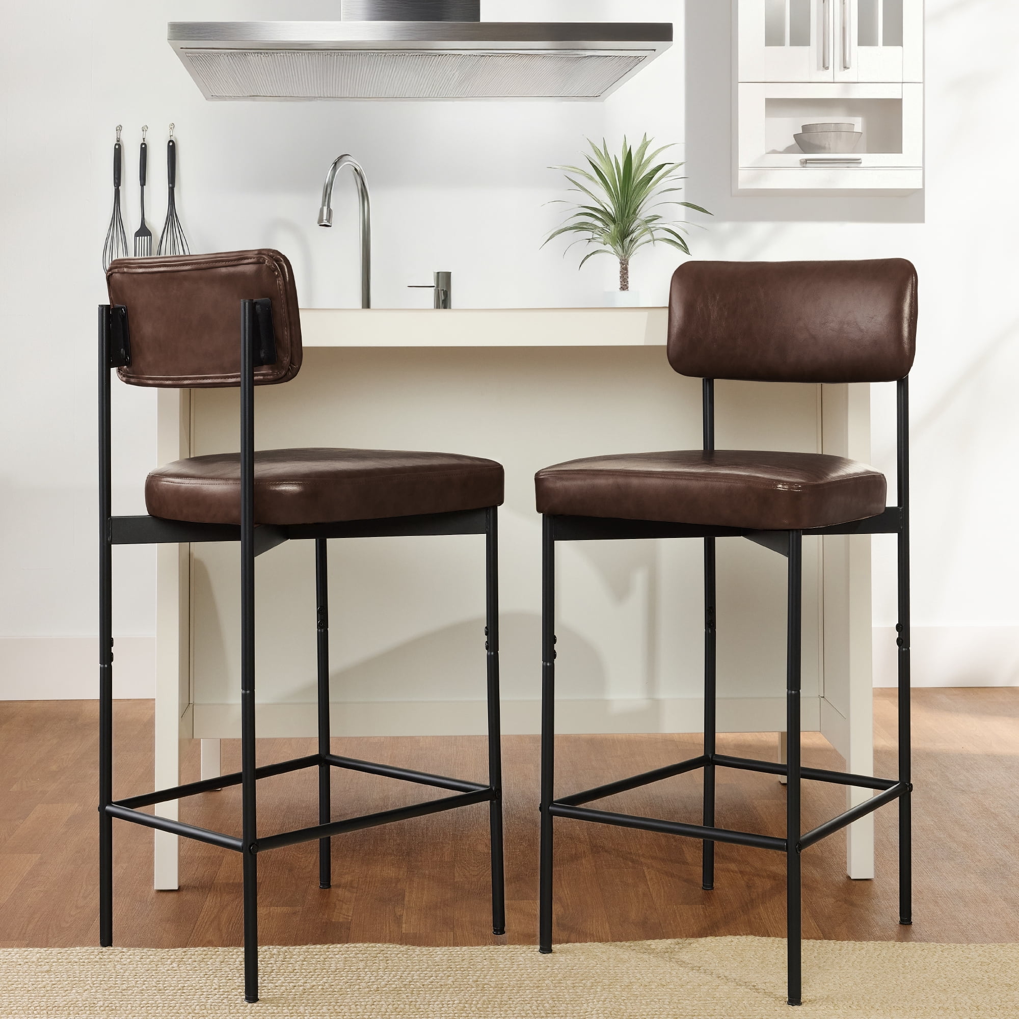 Best Choice Products Set of 2, Armless Counter Height Bar Stools, Modern PU Faux Leather Stools - Mocha Brown