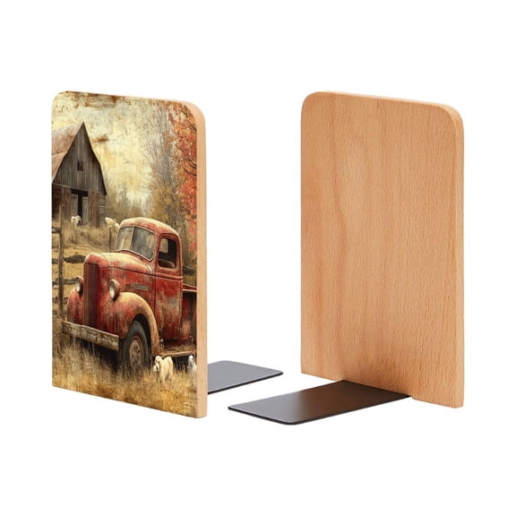 Bookends 1 Pair Non-Skid Bookend Wood Bookends for Shelves Book Stand for CDs - Rustic Farmhouse Scene With Old Truck