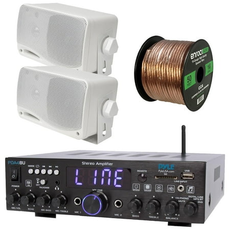 Pyle Wireless Bluetooth Stereo Amplifier-Multi-Channel 200W Amplifier Home Audio Receiver System Bundle Combo with 2x 3.5   3-Way Weather Proof Mini White Box Speakers  16 Gauge 50 Feet Speaker Wire price history on PriceWatchPro
