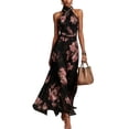thumbnail image 5 of BODOAO Maxi Dresses for Women Floral Halter Neck Sleeveless Chiffon Pleated Long Dress, Flowy Summer Wedding Guest Outfit for Beach Vacation and Special Events Black L, 5 of 7