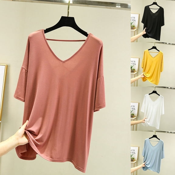 YHAJDS Plus Size Tops for Women Short Sleeve V Neck Loose Blouse With Open Back Solid Color Summer Top