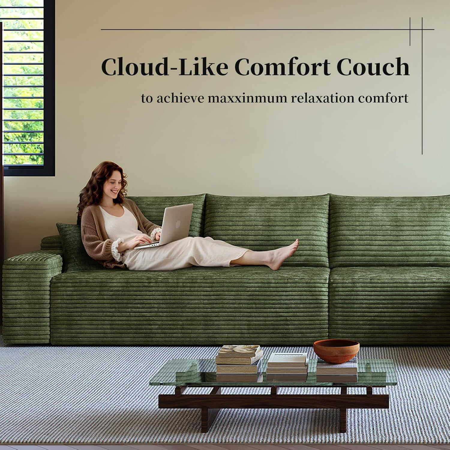 Sailvan 135" Cloud Sectional Couch, Cloudy Sofa with L-Shape Chaise, Upholstered Couches for Living Room & Bedroom, No Assembly Required, Plush Corduroy Fabric, Green