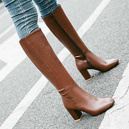 

HaiMao Womens Pointed Toe Knee-high Boot Clearance Wide Calf Chunky Block Go-go Boots Brown 7.5(40)