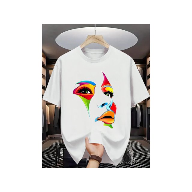 Men's Summer Fashion Graphic T-Shirt - Short Sleeve, Round Neck, Light Blue with Vibrant abstract Face Print, Casual cotton Knit, Machine Washable, Summer Casual Wear | Vibrant Graphic Tee | Stretchy
