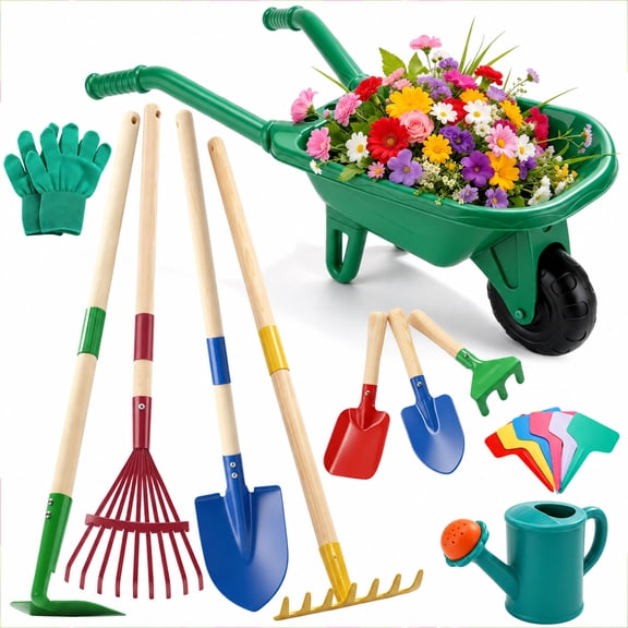 JoyStone Kids Gardening Tool Set with Wheelbarrow and Watering Can, 16-Piece Set with Wooden-Handle Tools, Ages 3-6