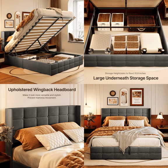Lofka Queen Size Bed Frame with Lift-up Platform Storage and Wingback Headboard, Metal Bed Frame and Wooden Slats, Dark Gray
