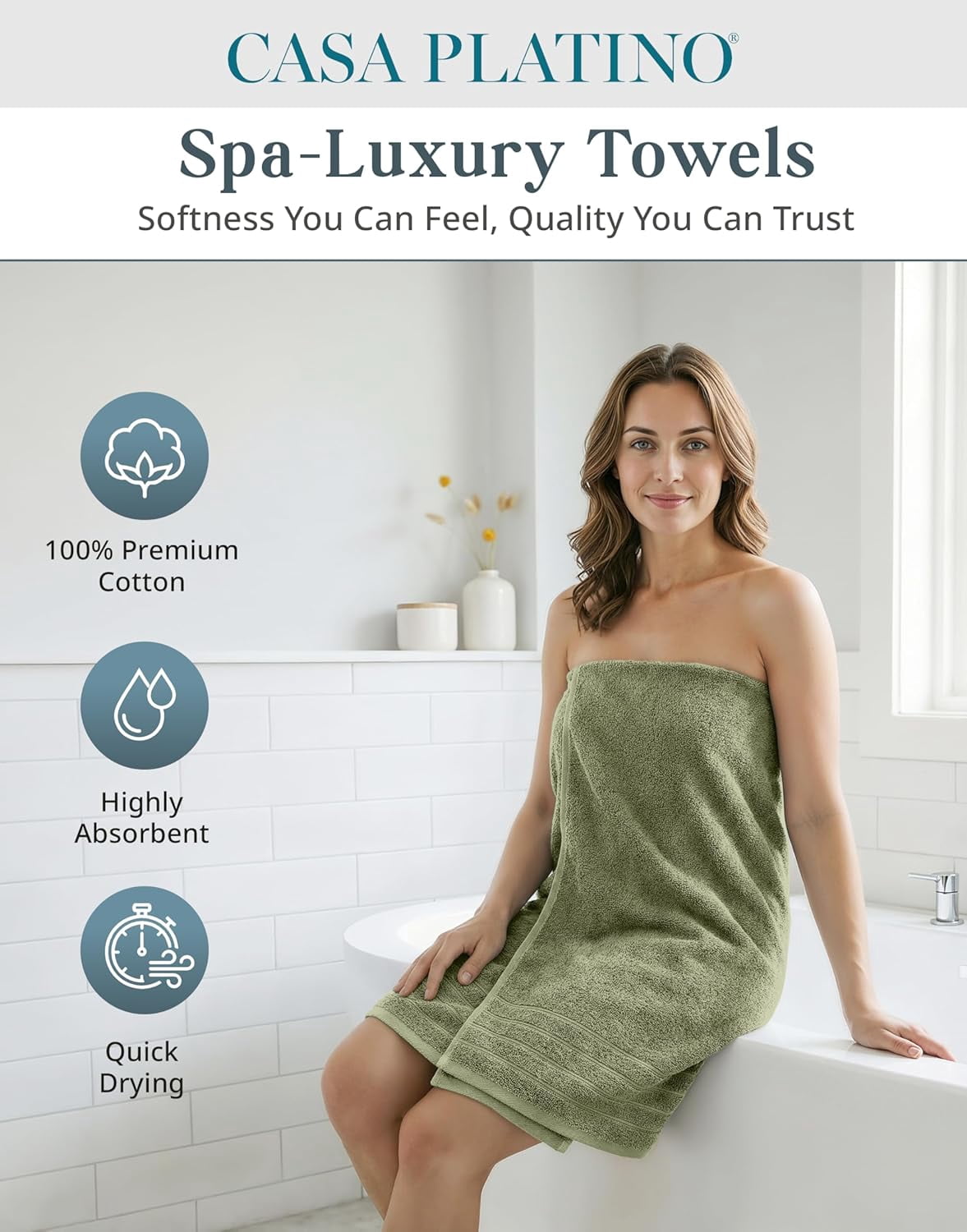 Casa Platino Towel Set of 24 – 100% Ring-Spun Cotton, 2 Bath Sheets, 2 Gym Towel, 2 Bath, 4 Fingertip, 6 Hand, 8 Washcloths, Perfect for Families, Soft After Every Wash – Oil Green
