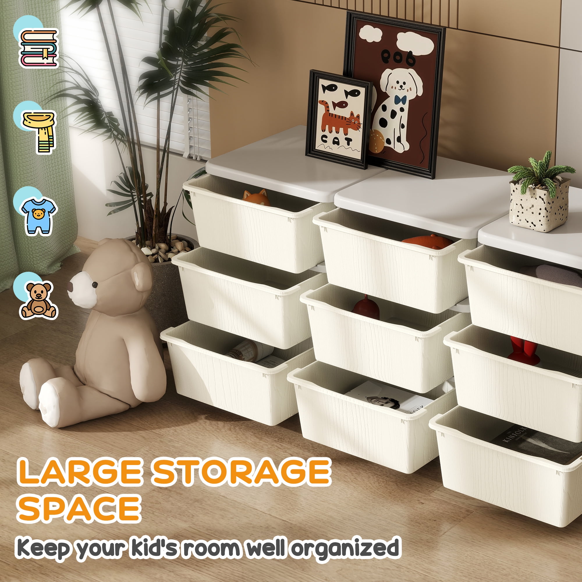 Qaba 3 Tier Kids Storage Unit w/ 9 Drawers Chest Toy Organizer Plastic Bins for Kids Bedroom Nursery Living Room for Boys Girls Toddlers, Cream White
