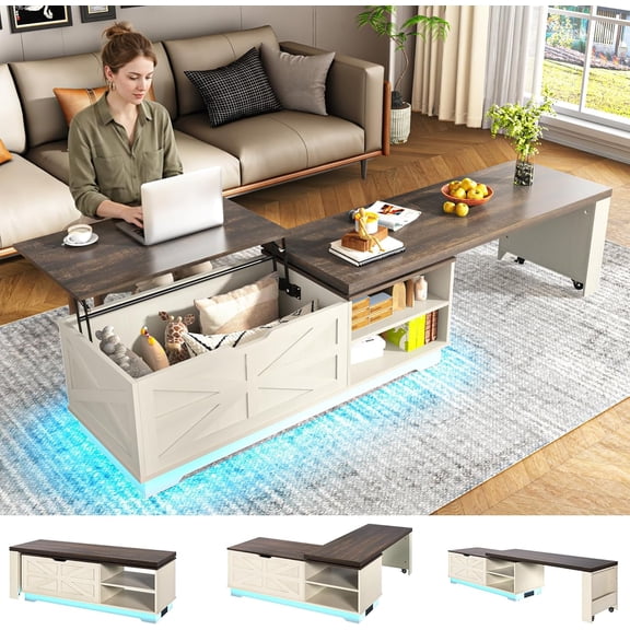 ANPOO 90°/180° Rotating Lift Top Coffee Table W/ LED Lights & Power Outlets, 57"-90" Extendable Farmhouse Coffee Table with Hidden Storage, L-Shaped Coffee Table for Living Room, Vintage White