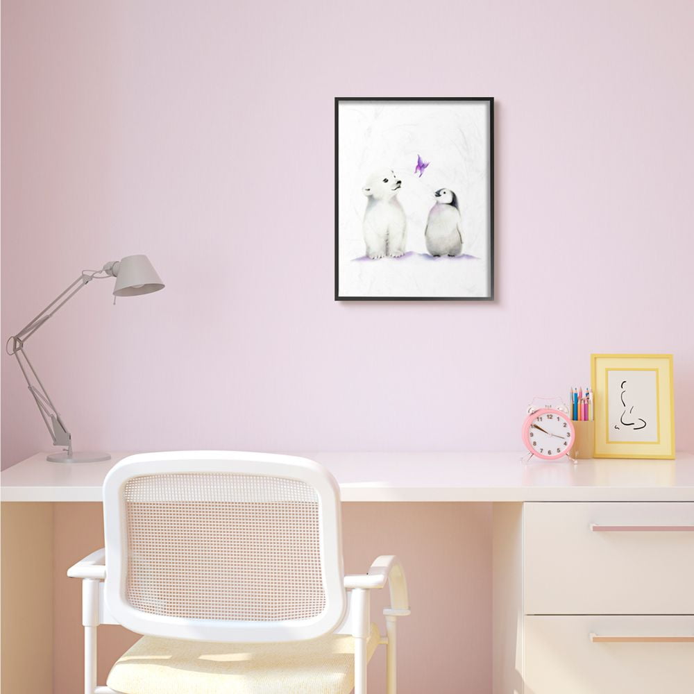 The Kids Room by Stupell Cute Cartoon Baby Polar Bear And Penguin Zoo Animal Painting Framed Giclee Texturized Art by Studio Q by Studio Q