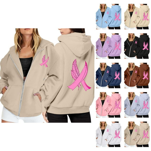 Oversized Hoodie Womens Zip Up Lightweight Casual Sweatshirt Women Women's Pullover Cancer Awareness Month Long Sleeve Pocket Drawstring For Everyday Wear