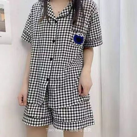

CoCopeaunt Cute Cartoon Plaid Homewear Mujer Lapel Summer Sleepwear Sleeping Tops+Shorts Pijama Elegant Girl Lovely Outerwear Clothes S1008