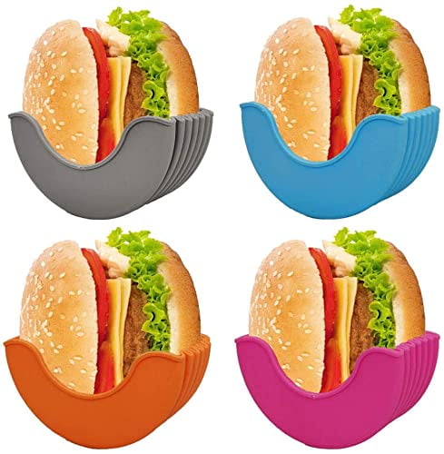 Qoyapow 4Pcs Retractable Burger Fixed Box Adjustable Hamburger Holders Reusable Washable Retractable Hamburger Clip Silicone Rack Holder Burger Box for Burger Lovers Adults and Children 
