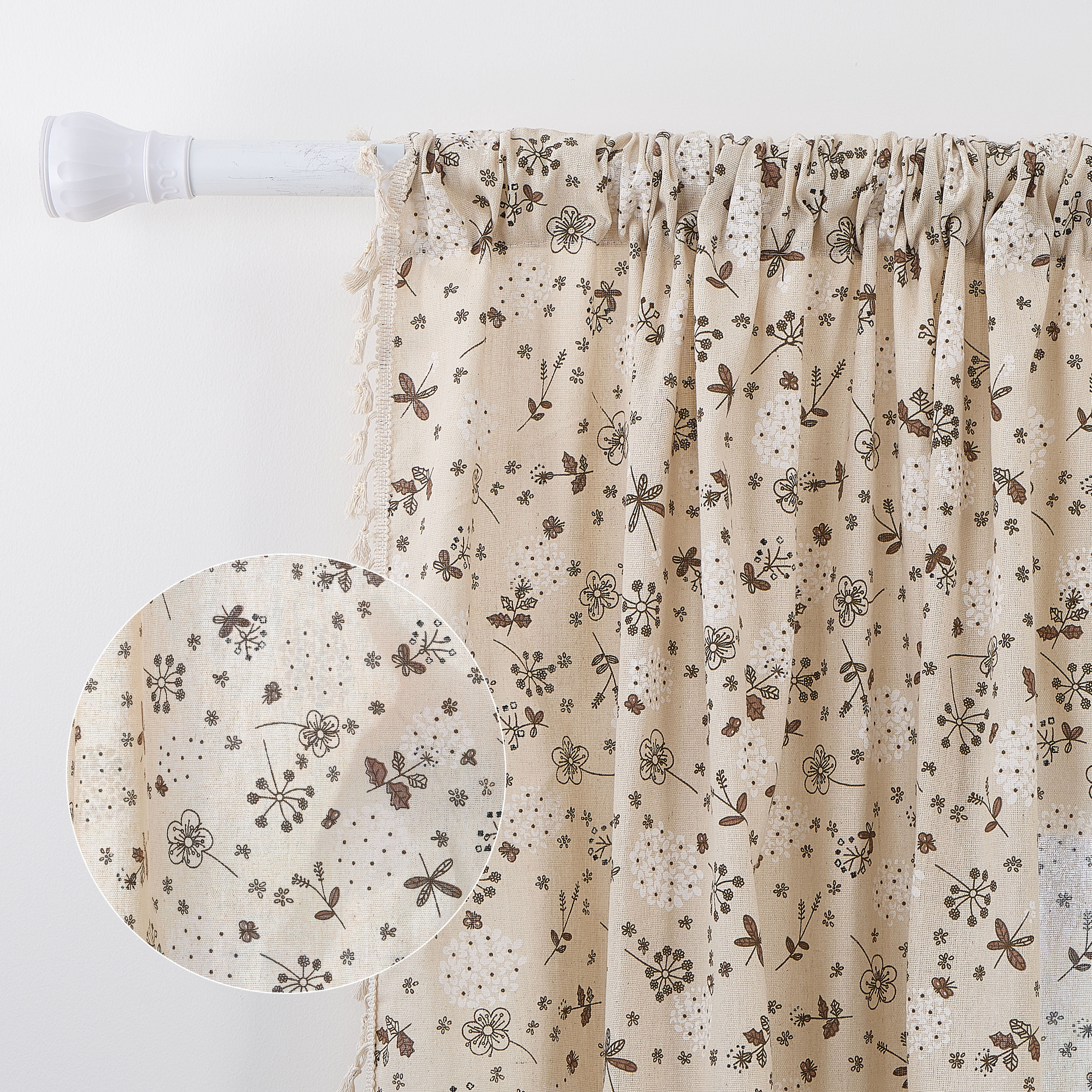 Lfeey Floral Print Linen Blend Curtains, with Tassels Semi-Transparent Rod Pocket Design for Room, 42x63 inch, 2 Panels
