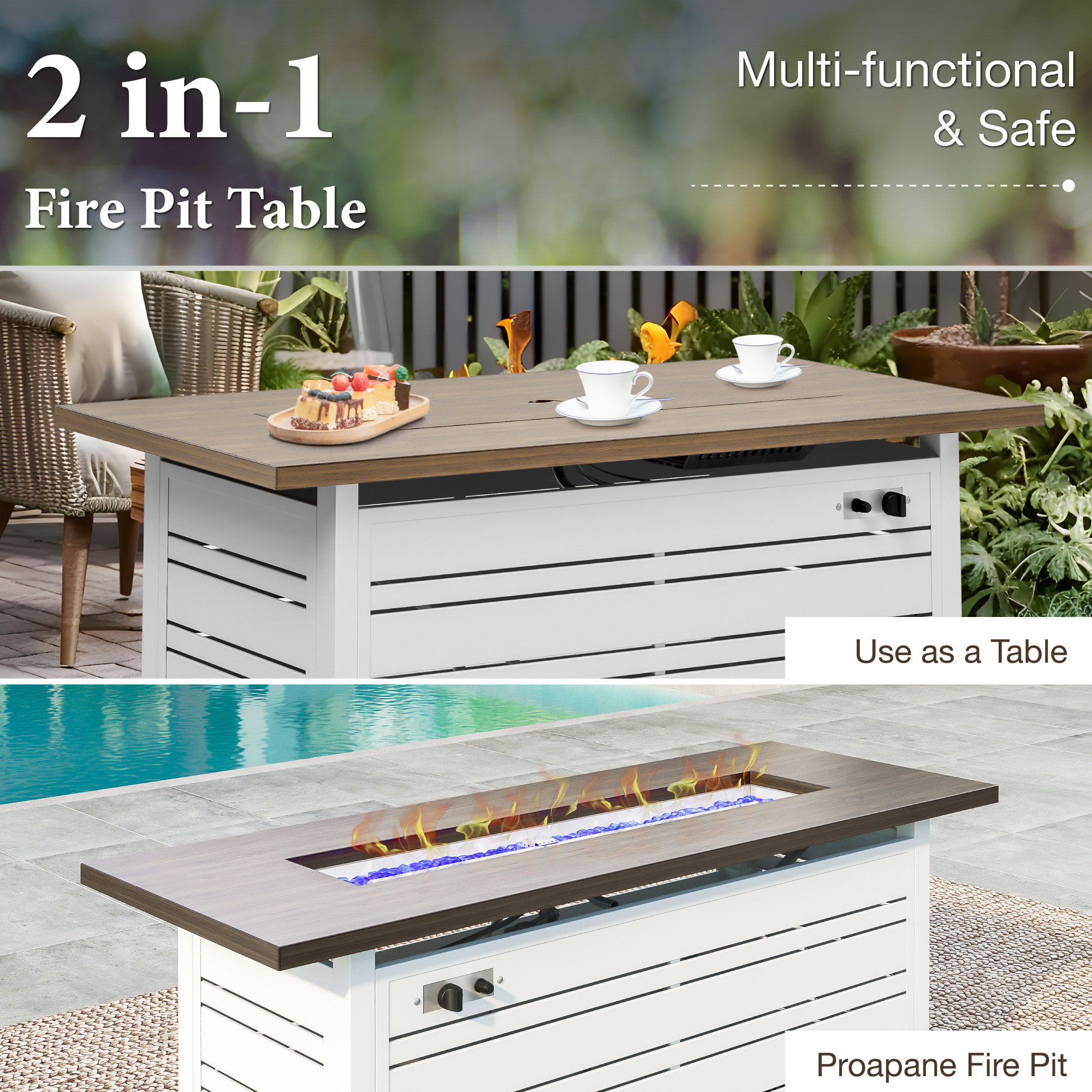 Summit Living 56" Rectangular Propane Fire Pit Table, 50,000 BTU Gas Fire Pit with Lid and Blue Fire Glass, White