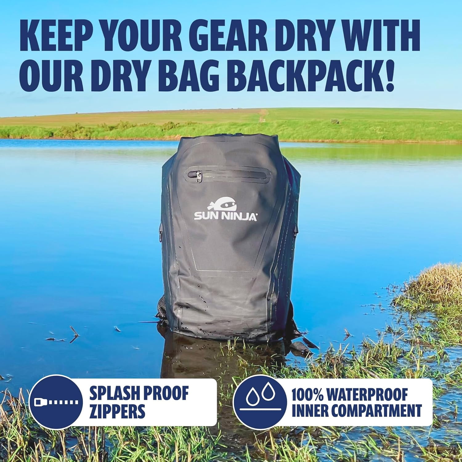 SUN NINJA Dry Bag Backpack, Waterproof Floating Drybag for Kayaking & SUP, Dry Bags Waterproof Backpack for Men & Women, Dry Sack Waterproof Bag, 20L Capacity - Black