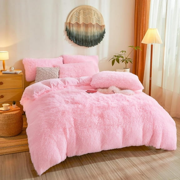 Fluffy Pink Comforter Cover Queen Set – Plush Faux Fur Pink Bedding 3-Piece Set (1 Faux Fur Duvet Cover 2 Furry Pillow Shams) Cozy Fluffy Bed Set