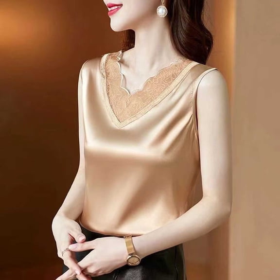 YueHuiYing Women's Silk Satin Camisole Tank Tops V-Neck Pleated Dressy Casual Sleeveless Blouses Summer Business Work Shirts