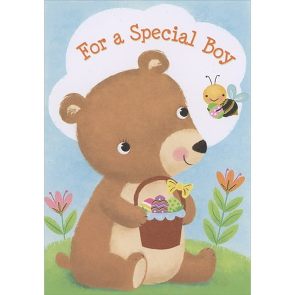 Designer Greetings Cute Bear Holding Basket of Eggs and Bumblebee Carrying Egg Juvenile Easter Card for Young Boy