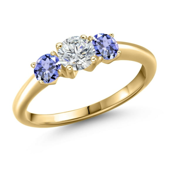 Gem Stone King 10K Yellow Gold Lab Grown Diamond and Blue Tanzanite Engagement Ring for Women | 1.10 Cttw | Round 5MM | Gemstone April Birthstone | Size 6