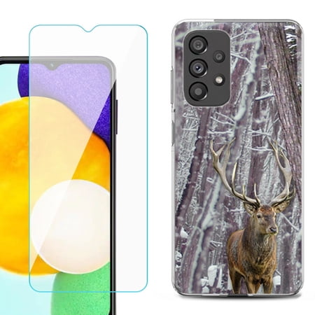 Slim-Fit Gel TPU Phone Case for Samsung Galaxy A23 5G with Tempered Glass Screen Protector by OneToughShield ® - Deer/Snow/Camo
