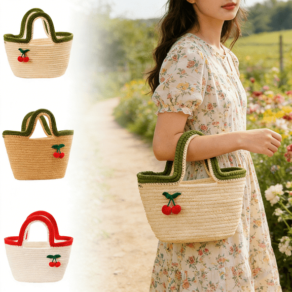 Twfbrm Hand-Woven Cotton Rope Tote Bag for Women, Lightweight Cherry Storage Basket with Handle, Large Capacity Cotton Thread Handbag, Portable Beach Purse Nursery Storage Bin for Daily Use & Travel