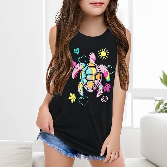 Girls Tshirts Loose Fit Cartoon Print Crew Neck Sleeveless Vest Tee for Daily Wear Girls' Tops Tees Blouses Black 3 Years-4 Years