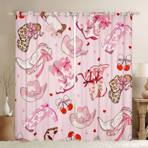 Manfei Western Cowgirl Hats Boots Black Out Curtains for Girls Kids,Teens Female Cartoon Cherry Bowknot Curtains Pack of 2 (42x63 Each),Luxury Bedroom Decor