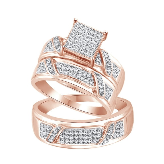 AFFY White Natural Diamond Wedding & Engagement Trio Band Ring Set In 14k Rose Gold Over Sterling Silver (0.33 Cttw)