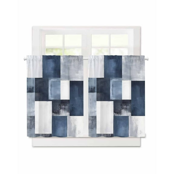 Navy Blue Grey White Short Blackout Curtains 45 Inch Long Abstract Art Modern Oil Painting Rod Pocket Kitchen Curtains, 2 Panels Thermal Insulated Room Darkening Drapes for Bedroom, 30"W x 45"L