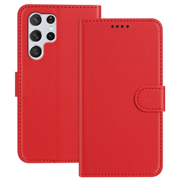 Case for Samsung Galaxy S22 Ultra with Credit Card Slot, Slim Luxury PU Rugged Non-Slip Grip Shockproof Bumper Full Body Protective Cover Men Women Phone Case for Galaxy S22 Ultra, Red