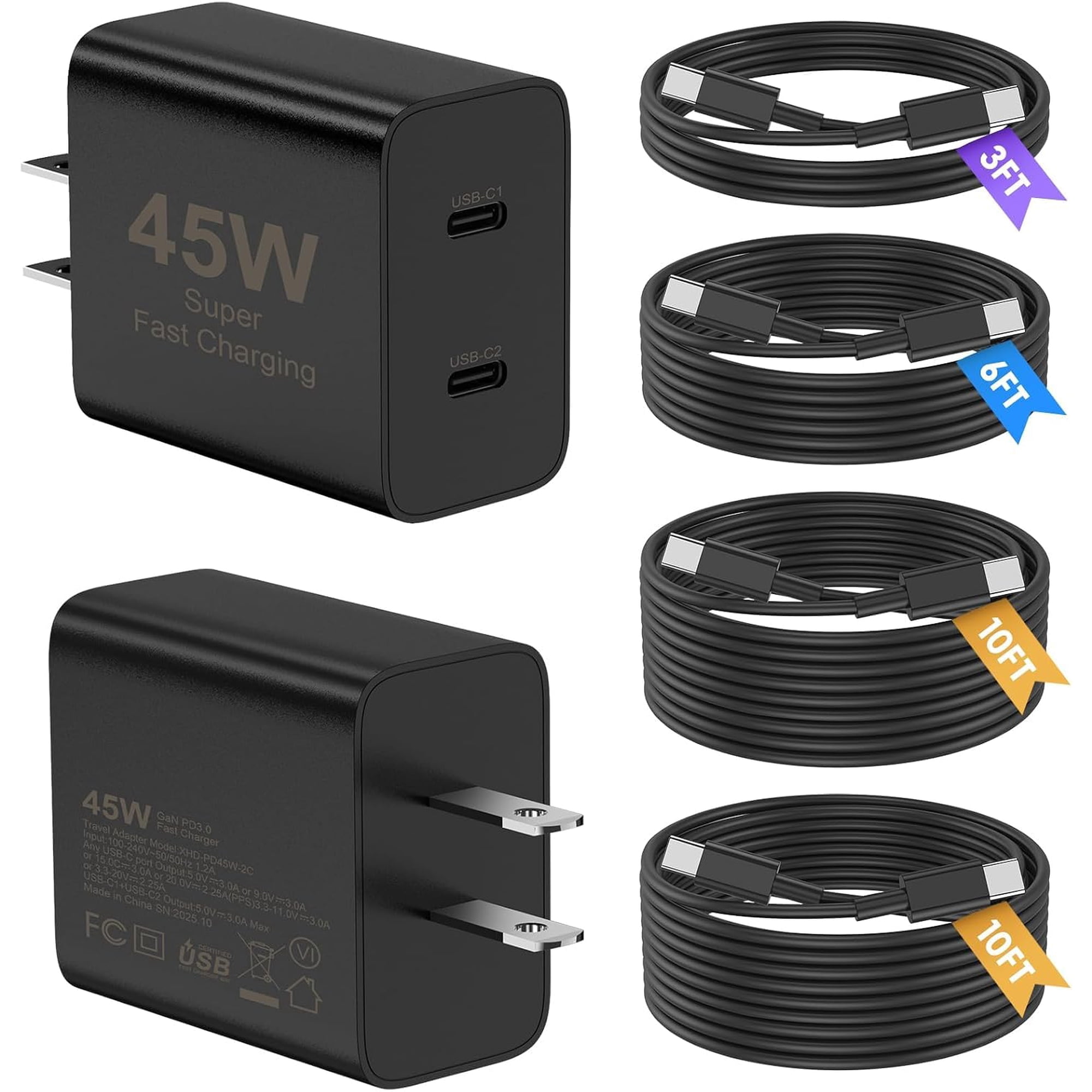 Eryueer Super Fast Samsung Charger Type C, 2Pack Dual Port USB C Fast Charger Block with Long 60W 3/6/10/10FT USB C to C Cable Compatible with Samsung Galaxy S25/S25 Ultra/S25+/S24 Ultra