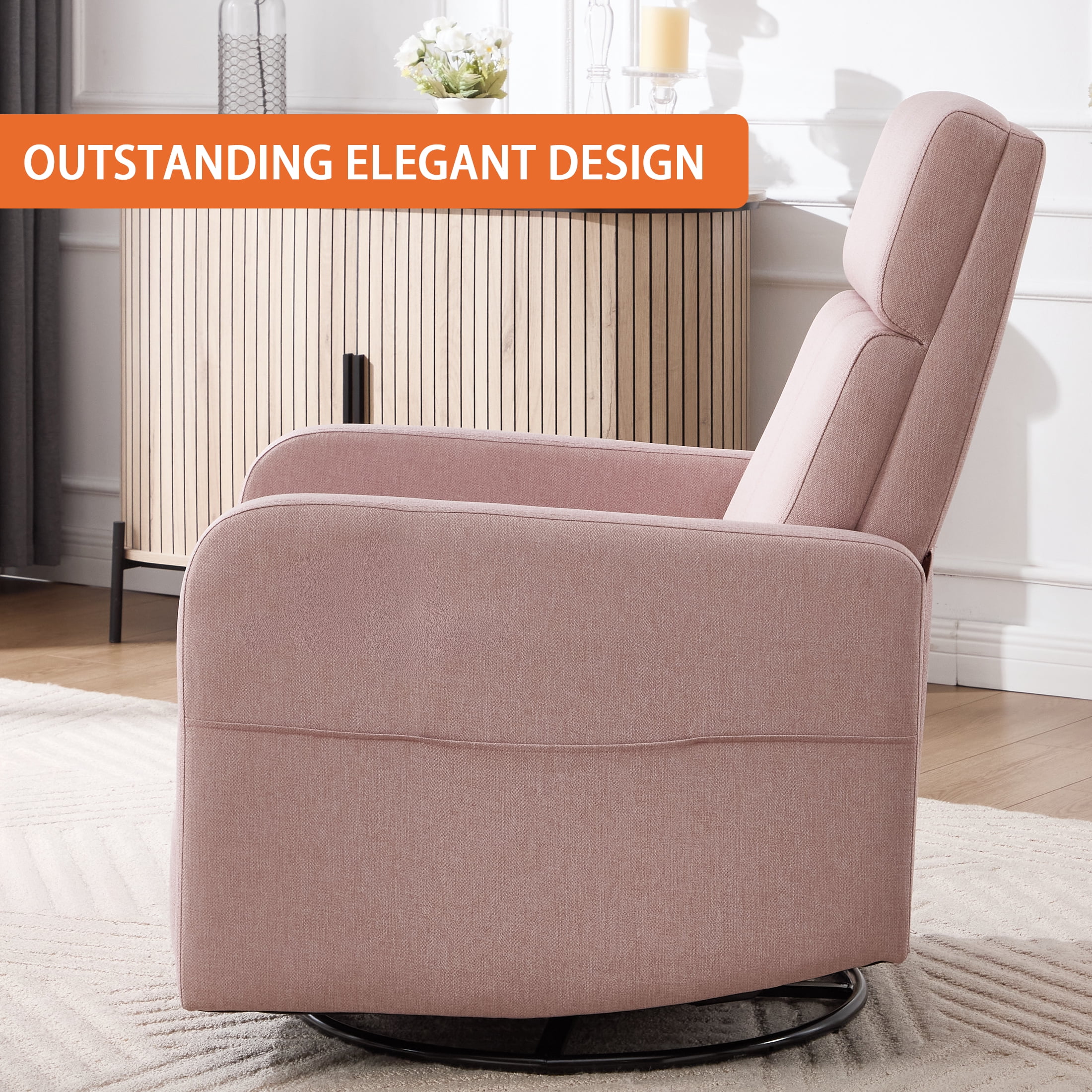 Ketaiyou Swivel Rocking Recliner Chair for Adults, Nursery Glider Chair with Adjustable Headrest, Pink