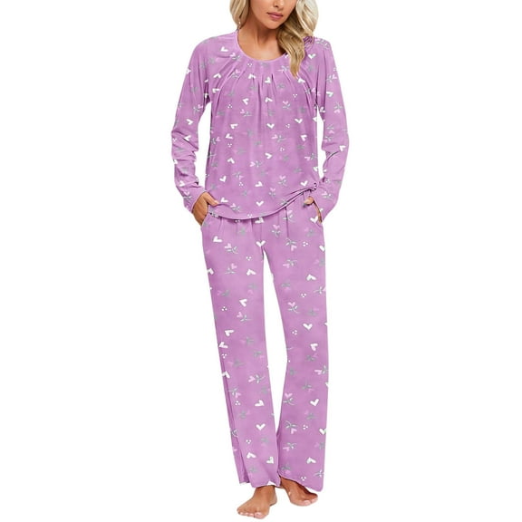Nrmvnmi Pajamas Sets For Women Graphic Prints Sleepwear Sets Fold Crew Neck Long Sleeved Pullover Tops And Elastic Waist Long Pants With Pocket Comfortable Fall Loungewear Sets