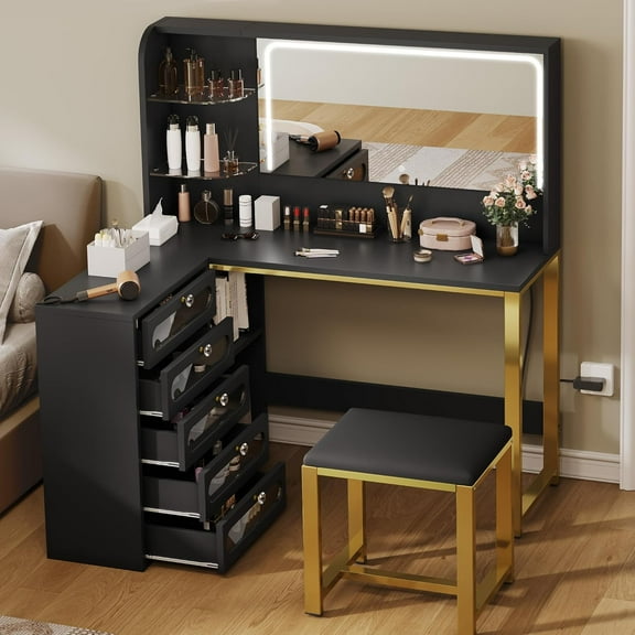 Vanity Desk Set- L Makeup Vanity with Mirror and Lights Tempered Glass Drawers with Open Storage Shelves Vanity Table, Black Upgraded