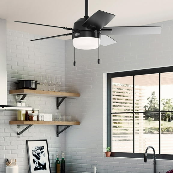 Restored Hunter Fan 44 Inch Matte Black Indoor Ceiling fan with LED Light and Pull Chain for Bedroom, Living Room, Office, Basement, Kitchen, Dining Room (Refurbished)