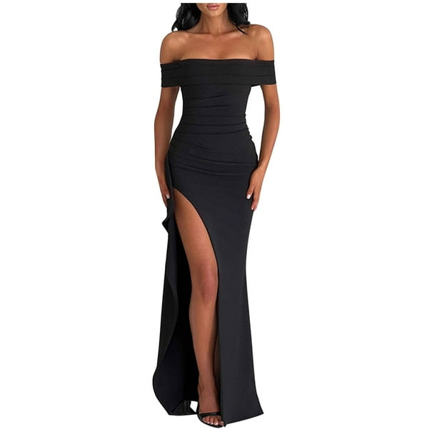 Vestido largo sexy con un solo hombro y abertura para mujer - Elegante vestido de noche ajustado de color liso