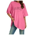 thumbnail image 4 of T Shirt Women Oversized T Shirts V Neck Striped Tees Summer Half Sleeve Comfy Cozy Tunic Tops Plus Size Womens Summer Tops Hot Pink S, 4 of 5